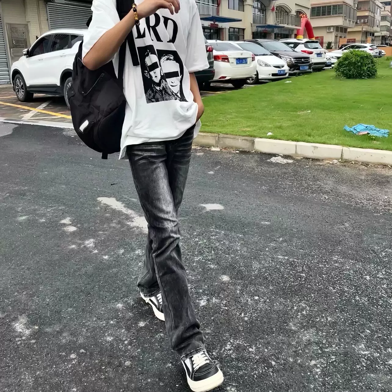 美式高街vibe裤子男款水洗黑渐变弯刀弹力牛仔裤修身显腿长微喇裤