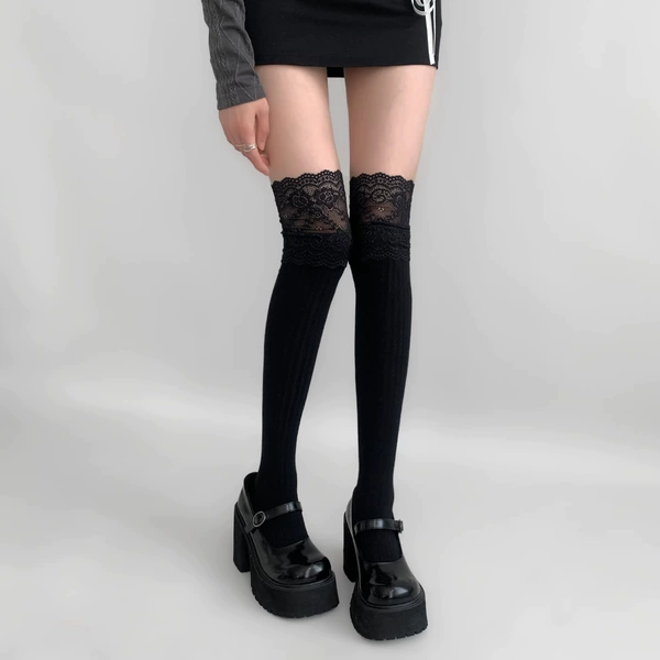 Lace socks [Black] Knitted over-knee socks