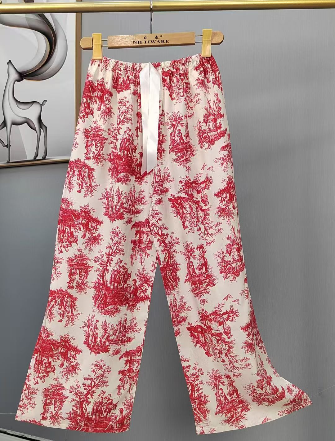 Pijama de seda de algodón para mujer, pantalones anchos de mujer embarazada de seda de algodón con estampado fino de verano