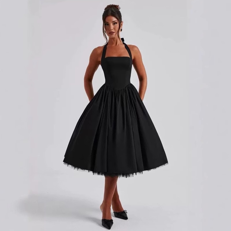 French Halter Neck Backless Dress Sexy Tie Up Midi Skirt Mesh Fabric Women's Clothing New_ecoleips.com