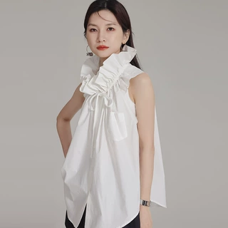 中创日臻2026夏季新款秀场宫廷风立体捏花无袖衬衫女抽绳别致衬衣