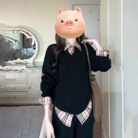 厂家韩版甜美风软糯百搭针织v领套头卫衣女秋冬叠穿格纹衬衫单件