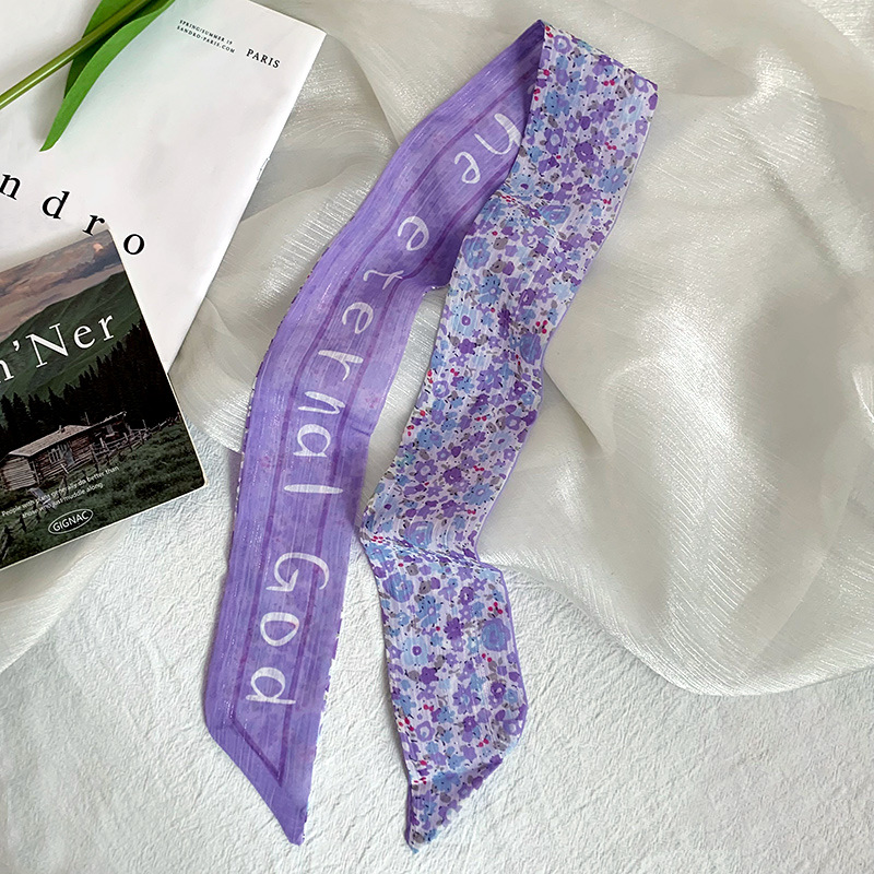 Pañuelo de seda pequeño largo francés de verano, cinturón de pelo floral pequeño, paquete de cabello trenzado, bufanda de cinta fina de gasa
