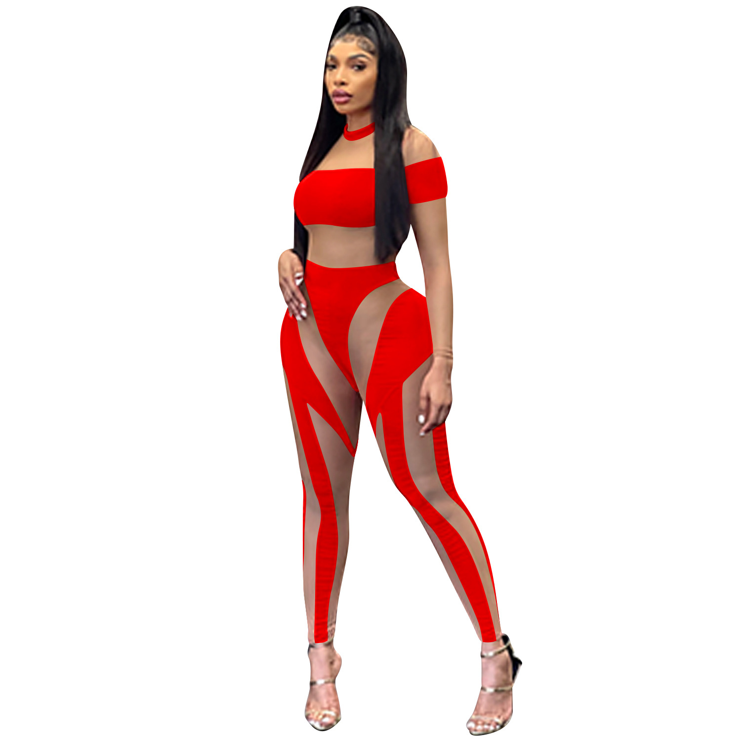 C581 transfronteriza europea y americana nueva moda sexy club nocturno malla ajustada transparente pantalones de manga larga mono ropa de mujer