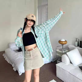 2024夏季新款防晒格子衬衫女长袖韩版宽松休闲薄外套上衣外贸批发