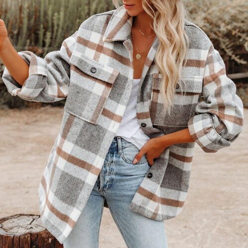  Amazon Autumn and Winter Women's Clothes Cross-border Europe and America Amazon Plaid Button Flannel Tweed Shirt Coat 