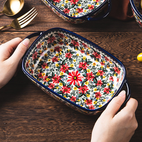 Creative Exotic Daisy Engraved Bohemian Handle Ceramic Baking Pan Bowl Cheese Bake Rice Tableware Dual Ears Oven Use