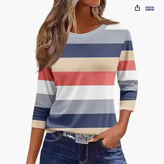 2024 Spring and Summer New Women's Clothing Amazon European and American Slim-fit Slimming Imitation Cotton Round Neck Printed Solid Color Seven-point Sleeve Long Sleeve