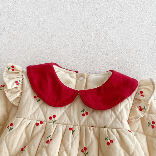 Baby autumn and winter clothes cherry quilted plus velvet bag fart clothes princess harem clothes baby girl newborn sweet onesie