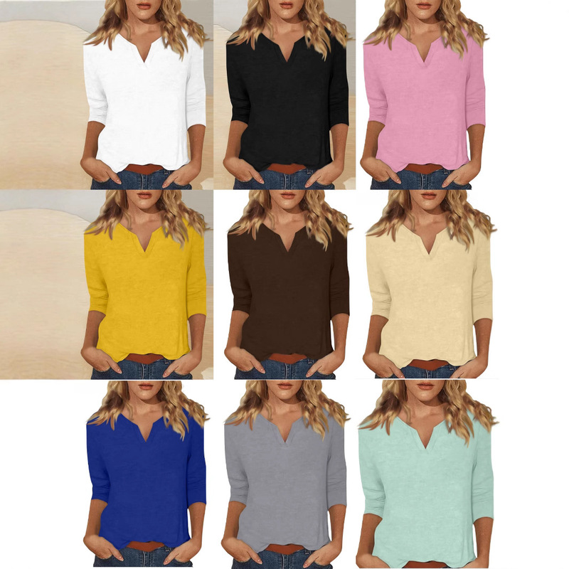 2025 Amazon Cross-Border Women's V+ Round Neck 7-Quarter Sleeve Pure Color T-Shirt Top