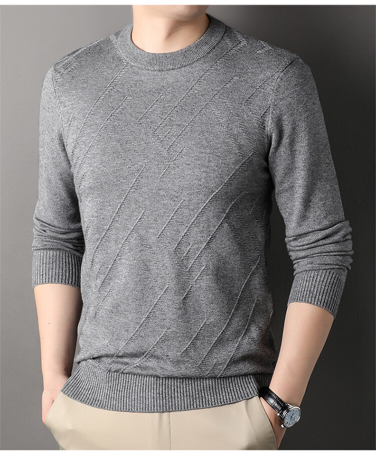 Suéter de hombre, camiseta de fondo, jersey Jacquard de color sólido, camiseta casual de mediana edad, cuello redondo, suéter casual de moda para hombres