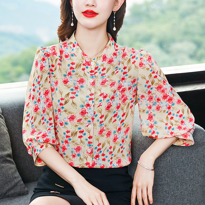 Light Luxury Silk Mulberry Silk Women's Shirt Counter Thin All-match Top Printed Elegant Professional Work Clothes Shirt