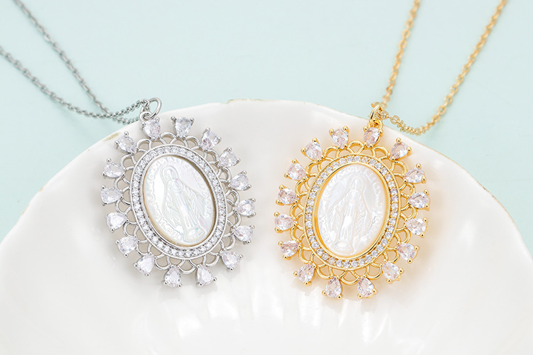 Shell, Zircon Inlay Material Retro Geometric Copper Plating Shell Zircon Pendant Necklace