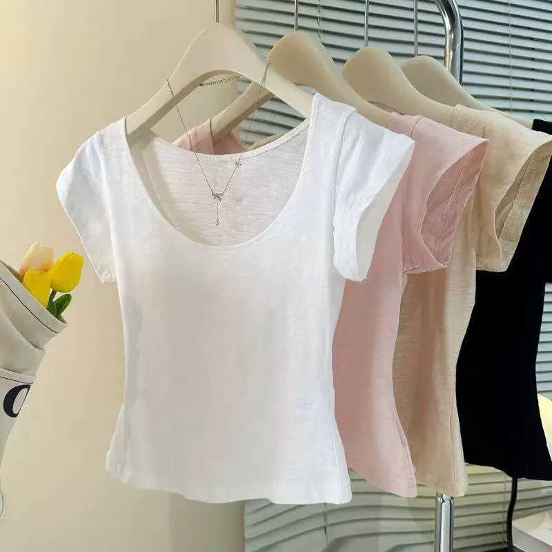 Корейская милая рубашка с большим вырезом и открытым ключицей, женская летняя хлопковая рубашка для похудения с короткими рукавами