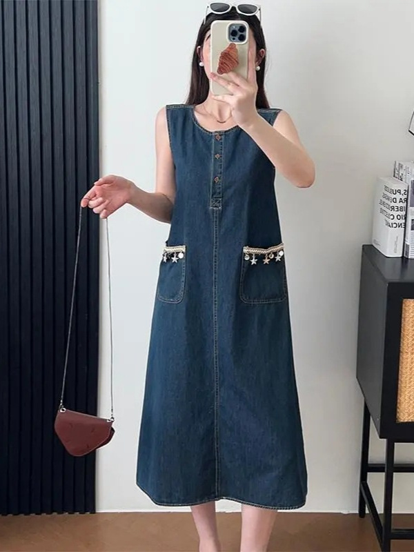法式休闲牛仔背心连衣裙女夏季新款韩系高级感减龄显瘦休闲长裙潮|undefined