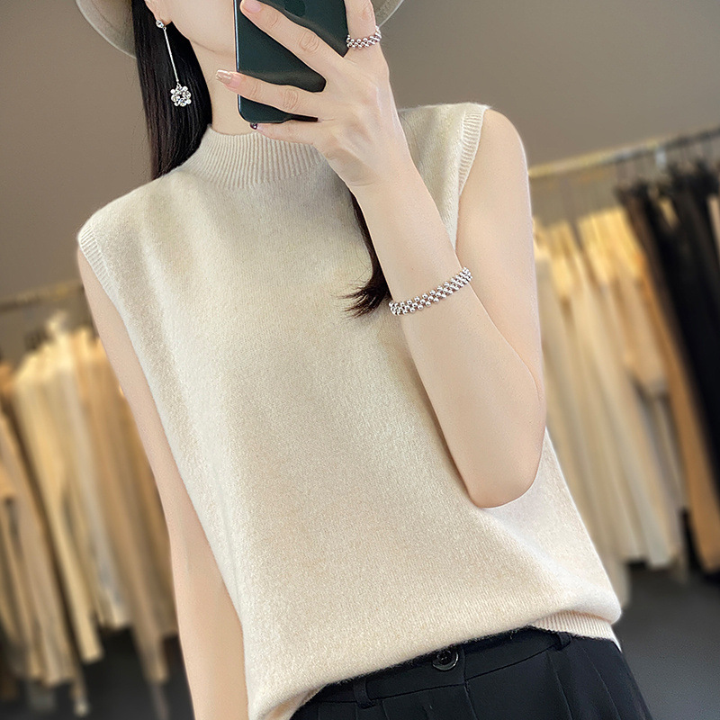 100%纯羊毛针织背心女士西装内搭经典半高领纯色针织坎肩一线成衣