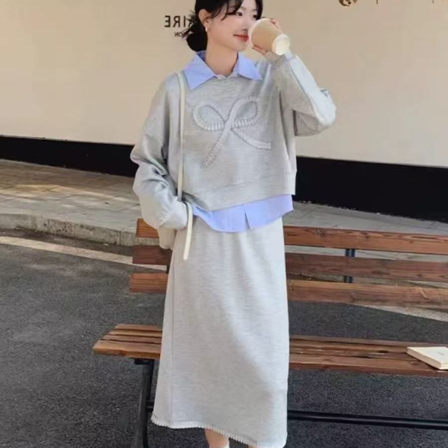 Salt Style Three-Piece Suit, Striped Shirt, Sweatshirt, Dress, Commuting Fashion, Women's Age-Reducing Spring and Autumn Long Skirt