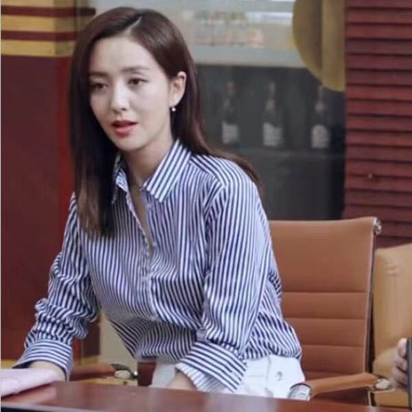 The Star's Same Style of Yuliya's Tops, Women's Long-Sleeved Fashionable Blue Vertical Stripesd Shirts The Star's Same Style of Yuliya's Tops, Women's Long-Sleeved Fashionable Blue Vertical Stripesd Shirts