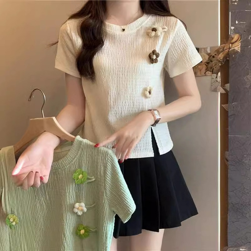 Patchwork Floral Short-Sleeve Knit Top for Women | Summer, Slim-Fit Design, Niche & Unique Cropped Split-Edge Style