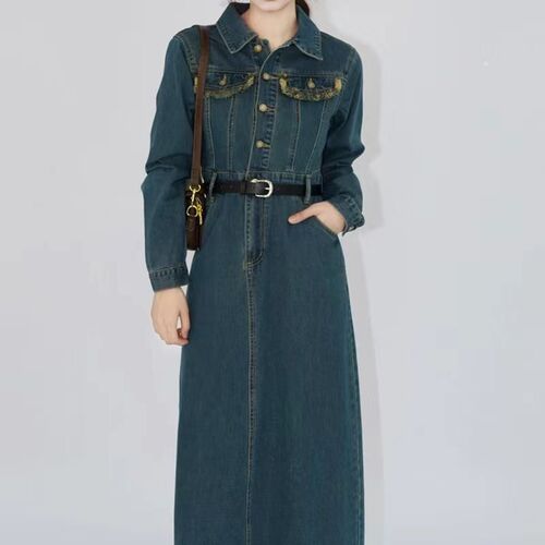  New Year Autumn/Winter Women's Elegant Lady Style Denim Dress Shirt Skirt French Long Dress Early Spring