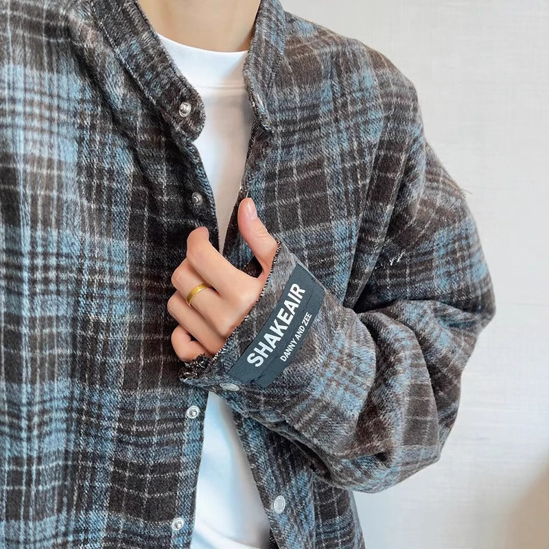 Spring Retro Versatile Lazy Blue Coffee Plaid Material Stand Collar Long Sleeve Thick Shirt Men's Trendy Brand Versatile Shirt Men