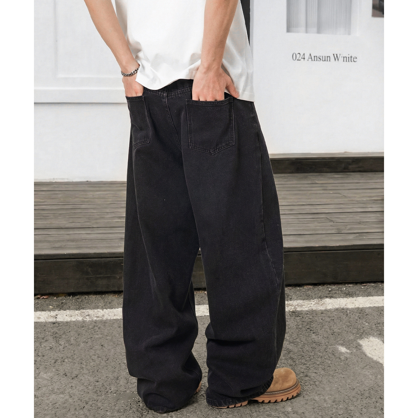 Vintage Washed Black Denim Jeans For Men - Relaxed Fit Straight Leg Casual Trousers With High Street Style_mkmklike.com