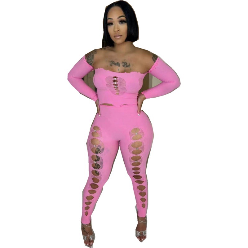 Yue mariposa Europa y los Estados Unidos nuevo amor hebilla un cuello de manga abierta blusa agujero pantalón sexy set YDT038