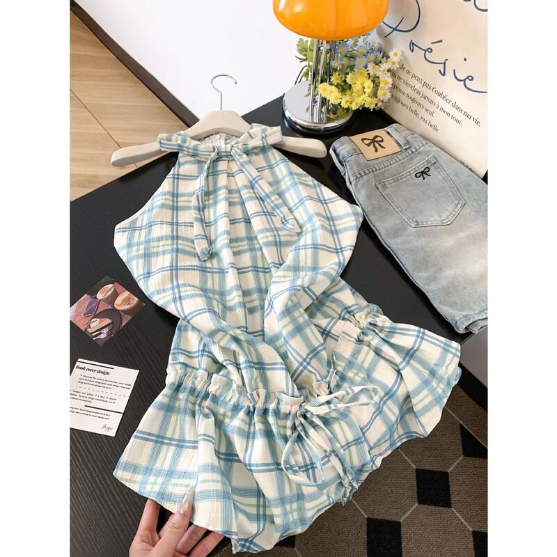 French Retro Plaid Halter Neck Dress for Women, Summer Design, Niche Style, Slim Fit, Unique Little Dress