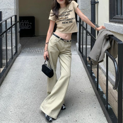 NanaByNana特殊洗色浅卡其牛仔裤女秋老钱风直筒休闲喇叭裤子