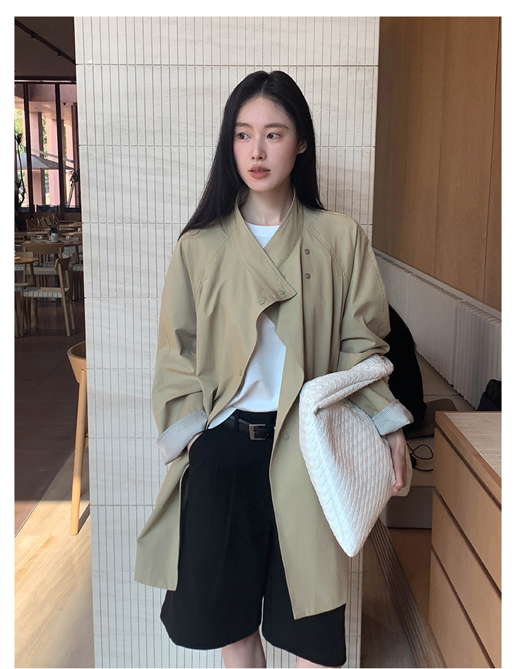 ng2510292 MOXI Thirteen Lines Women's Clothing 2026 Spring Korean Style Stand Collar Long Trench Coat For Petite Women_ecoleips.com