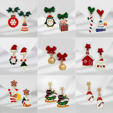 欧美新款圣诞节麋鹿铃铛蝴蝶结滴油耳环爱心雪花不对称耳钉女耳饰