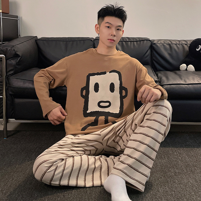 Pijamas de otoño de manga larga para hombre, jersey con cuello redondo, traje de primavera y otoño, ropa informal para el hogar, estilo de otoño e invierno para hombre, se puede usar fuera del traje