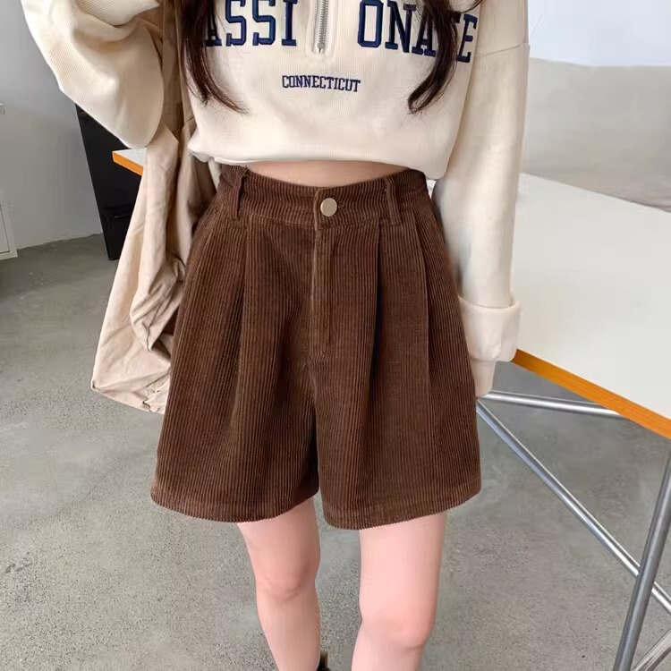 2026 New Composite Milk Silk Corduroy Shorts for Women, Autumn High-Waisted A-Line Wide-Leg Casual Shorts