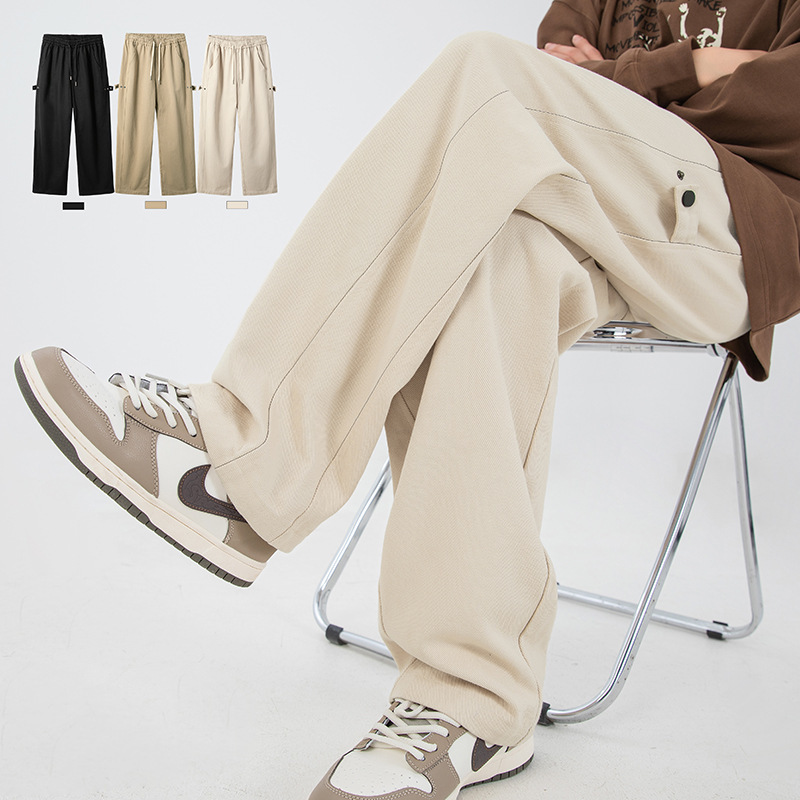 Textured Twill Patchwork Design Workwear Casual Pants Spring New Vintage Pure Cotton Adjustable Waistband Long Pants Q