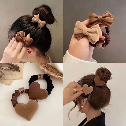 Korean autumn and winter coffee-colored bow headdress plush hair circle head rope winter rubber band female hair tie Internet celebrity ins hair rope