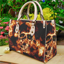新款PU包手提包火焰骷髅国际站手提包复古女包单肩包气质来图印花