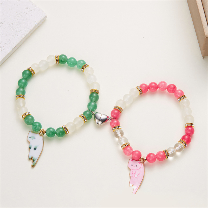 Couple Gender Beaded, Plating Design Cross-Border New Creative Two-Pack Heart Magnetic Clasp Lazy Cat Pendant Beaded Bracelet Fashion Couple Bracelet Romantic