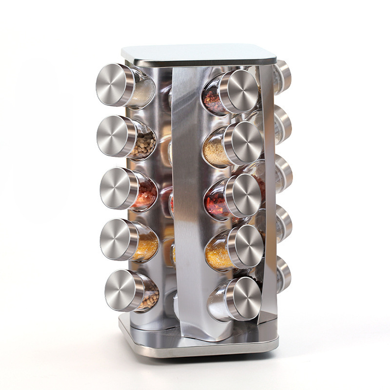 Juego de 12 Frascos de Vidrio para Condimentos con Soporte Giratorio, Cabeza Cuadrada Negra, Cabeza Redonda, Acero Inoxidable