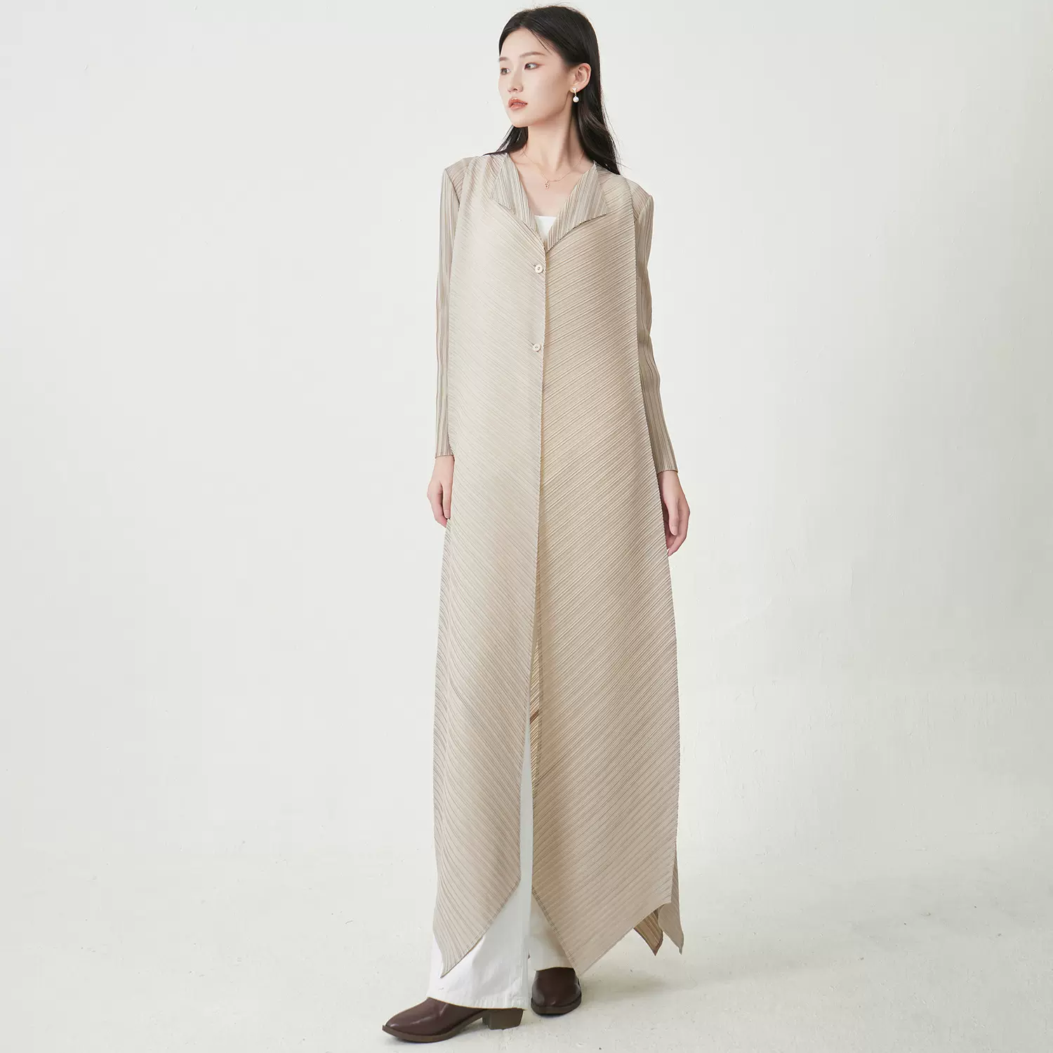 三宅女款风衣外套长款长袖单排扣宽松不规则气质通勤百搭开衫大衣