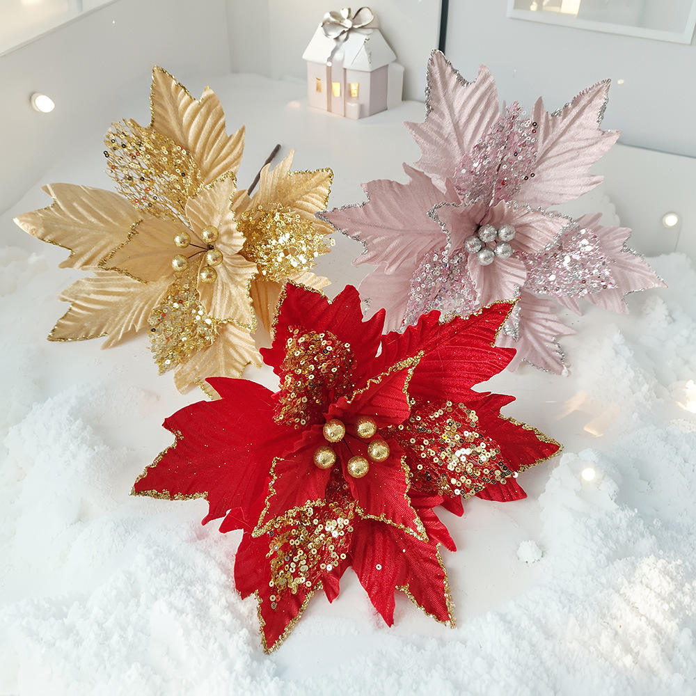 Cross-Border Gold Powder Christmas Decoration Christmas Flower Christmas Tree Flocking Cloth Decorative Flower Branch Double-Layer Sequin Artificial Flower