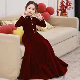 儿童丝绒礼服2024秋冬中式立领长袖女童主持人钢琴演奏演出服优雅