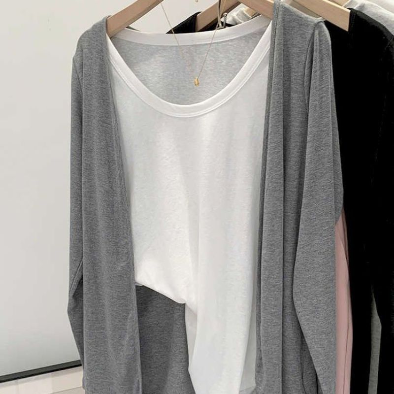 Korean Simple Long-Sleeved Knitted Cardigan for Women Spring and Summer Gray Modal Cotton Top Jacket Anti-Lazy Sun Protection Blouse