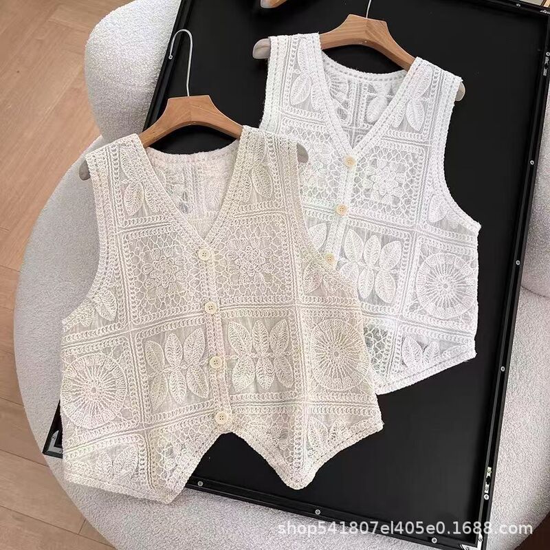Heavy Embroidery Floral V-Neck Sleeveless Vest Knitted Crochet Hollow Outerwear Summer New Tank Top