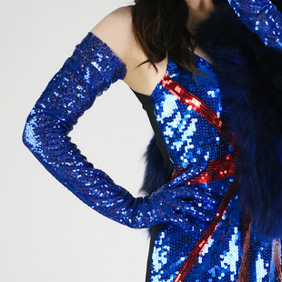 Sequined long gloves 70cm embroidered blingbling lace mesh specialty dress royal blue stage women