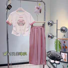 2024新款女童夏季洋气新中式T恤国风盘扣短袖儿童宽松休闲裤套装