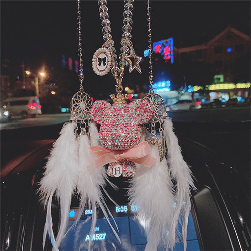 Car Ornament Feather Creative Personality Diamond-embellished Large-headed Violent Bear Car Rearview Mirror Decor Fashion Cute Lady