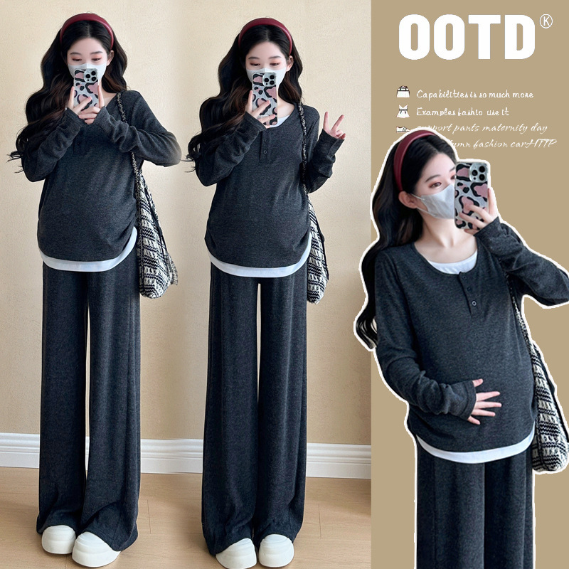 Autumn Pregnant Women's Birth Examination suit Simple Casual Style Fake Two-piece Top Long-sleeved T-shirt Top Belly-supporting Wide-leg Trousers Autumn Pregnant Women's Birth Examination suit Simple Casual Style Fake Two-piece Top Long-sleeved T-shirt Top Belly-supporting Wide-leg Trousers