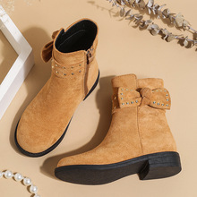 女童靴子春秋款2025冬季儿童小女孩大童蝴蝶结绒面短靴女中小童