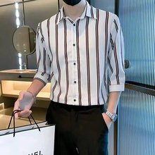 男士短袖衬衫夏季条纹中袖衬衣休闲韩版修身五七分袖寸衣潮流帅气