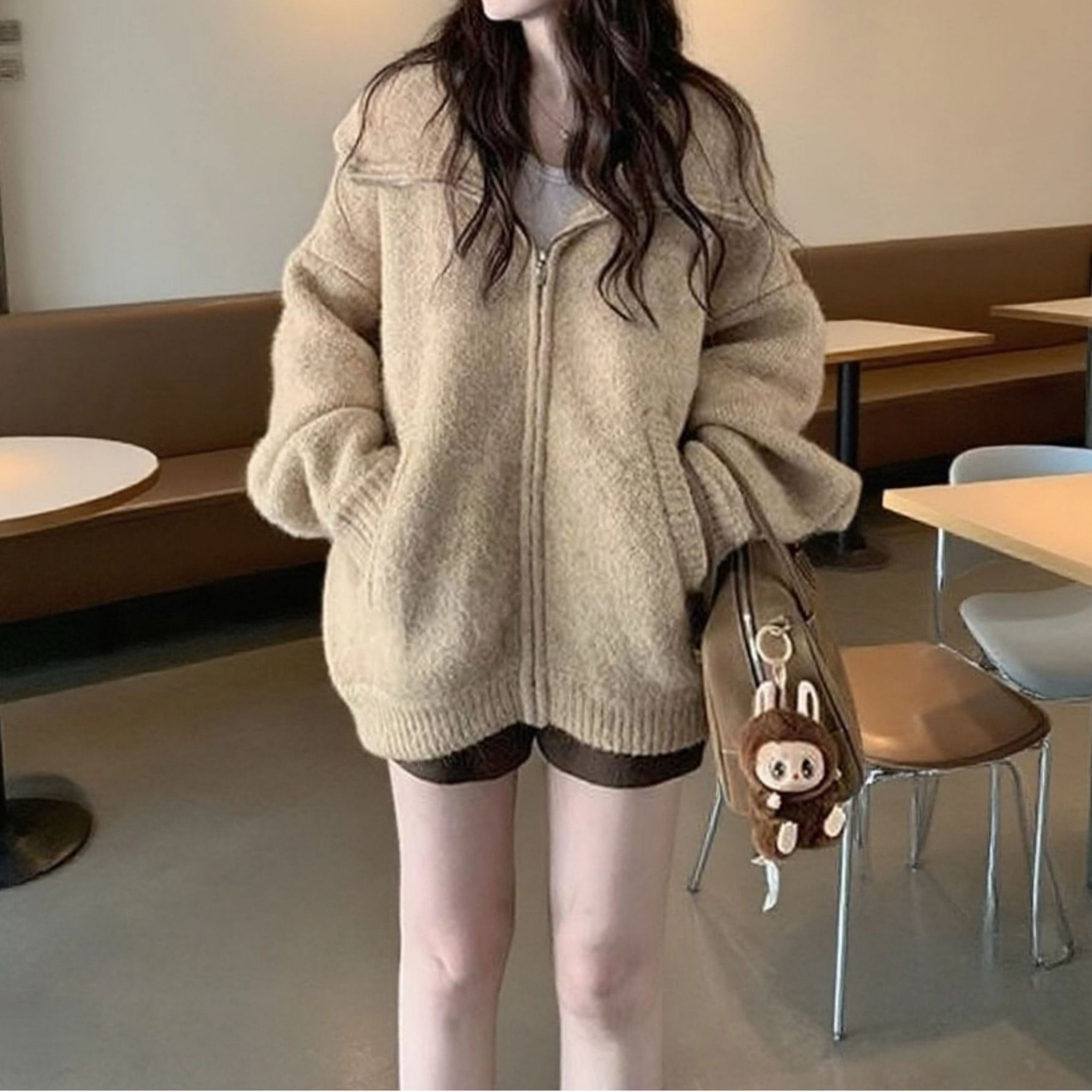 羊驼绒#老钱风卡其色毛衣开衫外套女秋冬季慵懒显瘦拉链针织衫